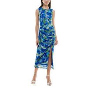 Taylor Blue and Green Floral Midi Dress